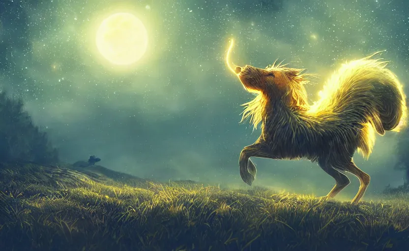 Image similar to a whimsical magical glowing creature in a night field, beautiful, cool dynamic lighting, moonlight, atmospheric, cinematic, highly detailed digital art