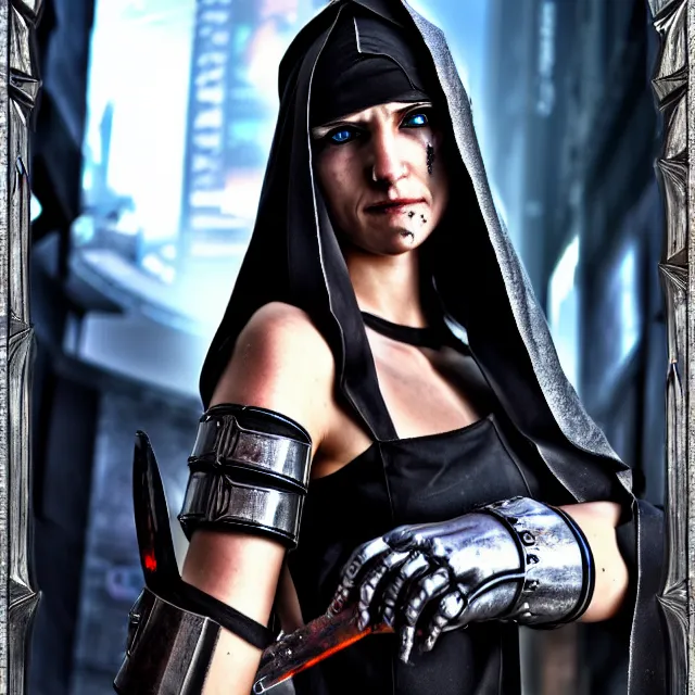 Image similar to cyberpunk nun warrior, highly detailed, 4 k, hdr, smooth, sharp focus, high resolution, award - winning photo, anne stokes, photorealistic