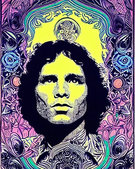 Image similar to portrait of jim morrison psychedelic blacklight poster, intricate, mushrooms, trees, by shepard fairey