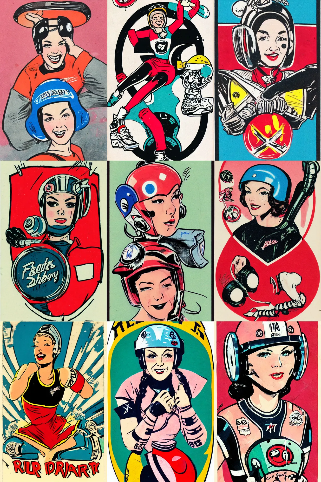 Prompt: roller derby girl portrait, logo, wearing helmet, Frank Hampson and mcbess, 1950s