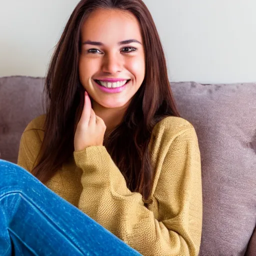 Image similar to a cute young woman smiling, long shiny bronze brown hair, full round face, green eyes, medium skin tone, light cute freckles, smiling softly, wearing casual clothing, relaxing on a modern couch, interior lighting, cozy living room background, medium shot, mid-shot, soft focus