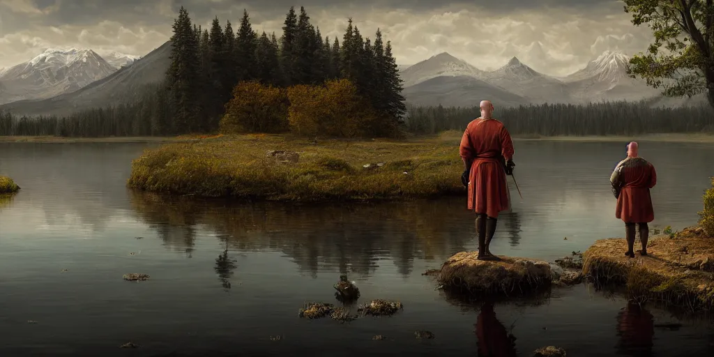 Image similar to beautiful landscape of small lake at midday with distant mountains and close - up of a bald symmetric man in medieval armor, ultra realistic, highly detailed, hd, sharp focus, cinematic lighting, realistic, vivid colors, gritty, matt painting, digital art, non blurry, sharp, artstation, concept art, smooth, illustration