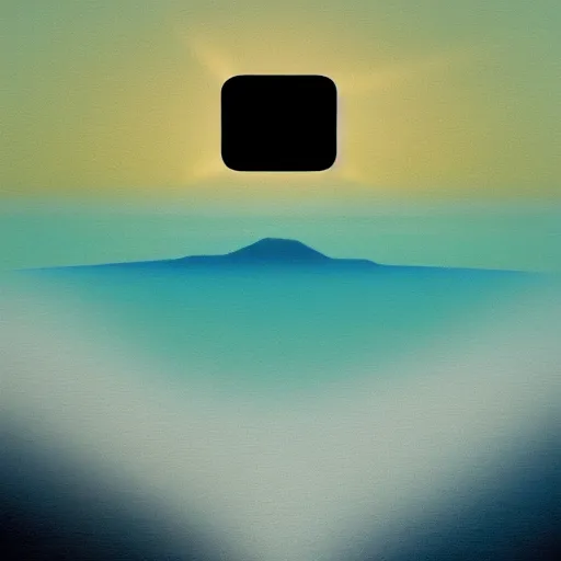 Prompt: largely animated black cube sits in the center, in the air, levitating above a pristine lake with a background of residual peaceful mountains, robustly intricate oil painting, 4 k quality, trending on artstation