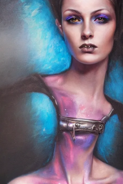 Image similar to hyperrealism oil painting, close - up portrait of punk gothic medieval brunette fashion model, knight, steel gradient mixed with nebula sky, in style of baroque