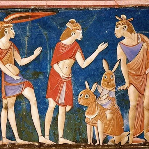 Image similar to an ancient greek mural of rabbits partying