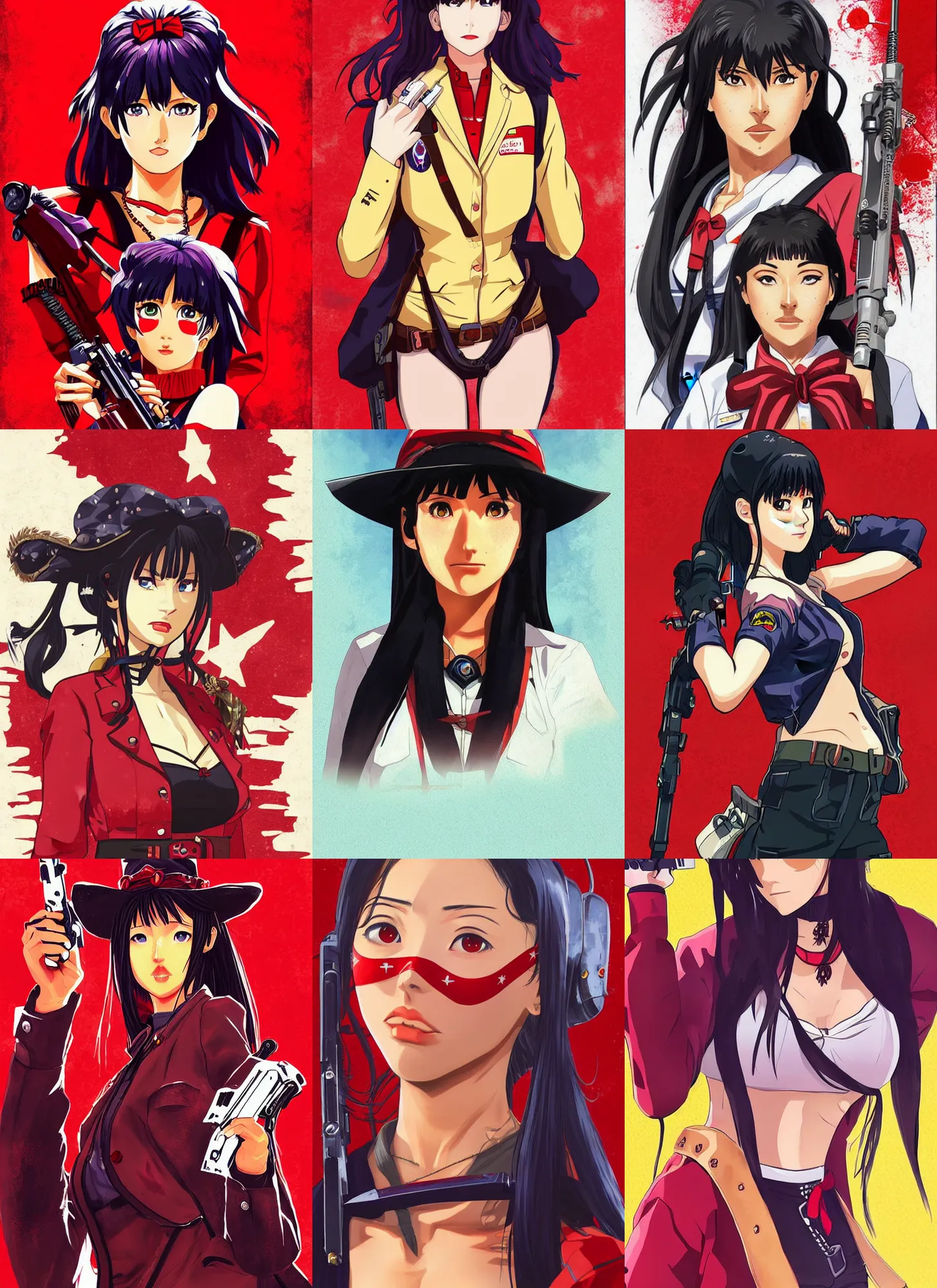 Prompt: misato katsuragi! red dead redemption art style, rockstar games art, realistic anime illustration, portrait, beautiful face, symmetrical face