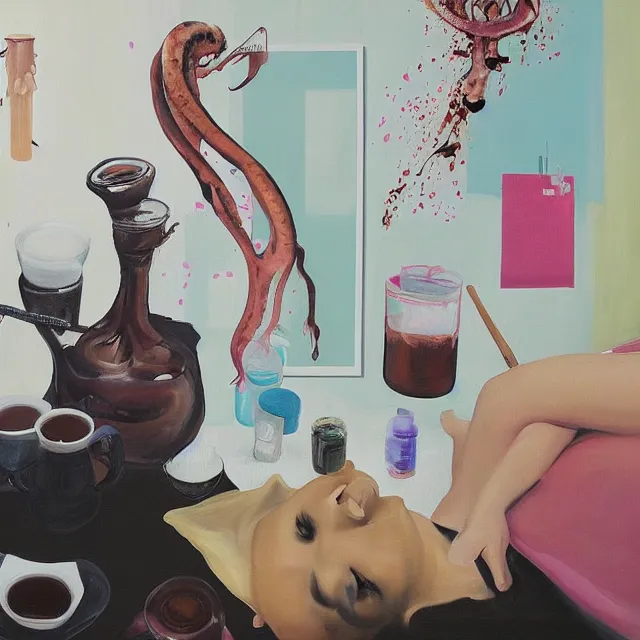 Image similar to sensual, a portrait in a female art student's bedroom, black walls, a woman drinking iced latte, pancakes, maple syrup dripping, chocolate, surgical supplies, ikebana, octopus, neo - expressionism, surrealism, acrylic and spray paint and oilstick on canvas