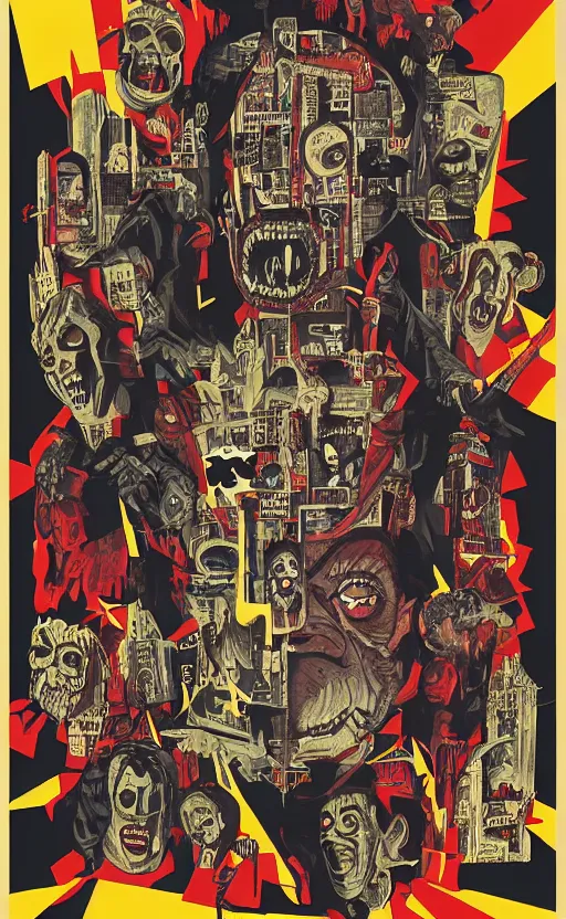 Image similar to cursed with necronomicon horrorcore cel animation poster depicting i don't know, intricate faces, metropolis, 1 9 5 0 s movie poster, post - processing, vector art