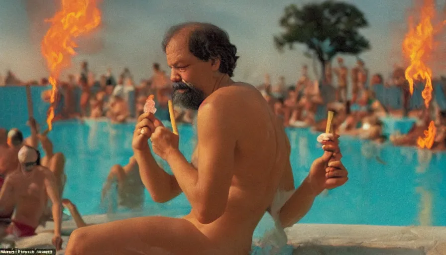 Prompt: Socrates eating a translucent turquoise hemlock popsicle at the last pool party he will ever attend, he is comforted by his disciples, large cloud of fire engulfs him, in the style of Martin Parr The Last Resort, ring flash closeup photograph