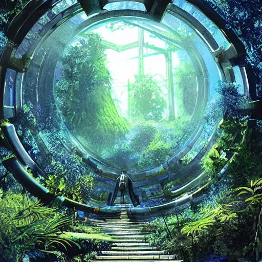 Image similar to stairs leading to a derelict portal in a middle of a lush futuristic forest, alien world seen through a portal, daylight, cinematic lighting, blue sky, syd mead, john harris