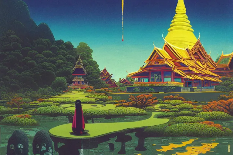 Prompt: summer morning, thai temple, rolling mountain, very coherent and colorful high contrast, art by gediminas pranckevicius, geof darrow, franz sedlacek, dark shadows, hard lighting, ukiyo - e, floralpuk risograph print