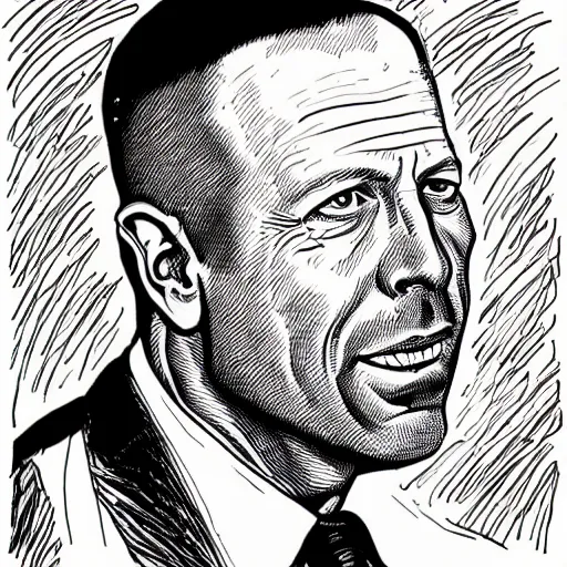 Image similar to a illustration portrait of Bruce Willis drawn by Robert Crumb