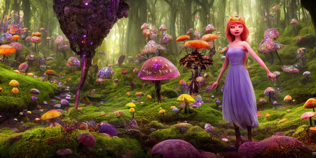 Prompt: beautiful fae queen walks through happy trippy fungal landscape, weta pixar 8 k detailed face