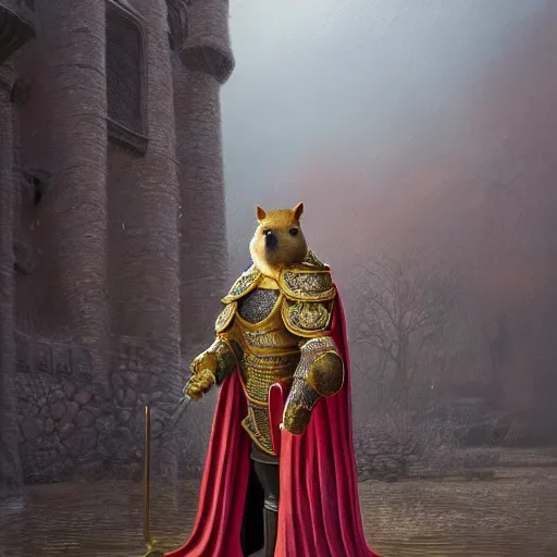 Image similar to detailed photorealistic painting of a capybara, wearing a ultra detailed ornamented gold crown with diamonds, in a highly detailed medieval knight armor with red cape, standing in front of a photorealistic detailed castle, sharp focus in the style of ruan jia, Mandy jurgens, cinematic light, concept art, trending on artstation, ultra realistic, 8k octane render, unreal engine