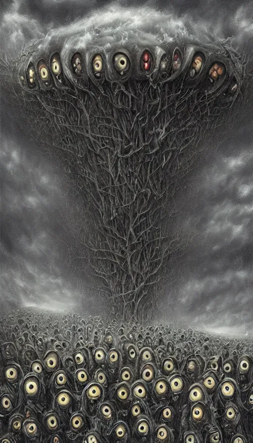 Image similar to a storm vortex made of many demonic eyes and teeth, by lee madgwick