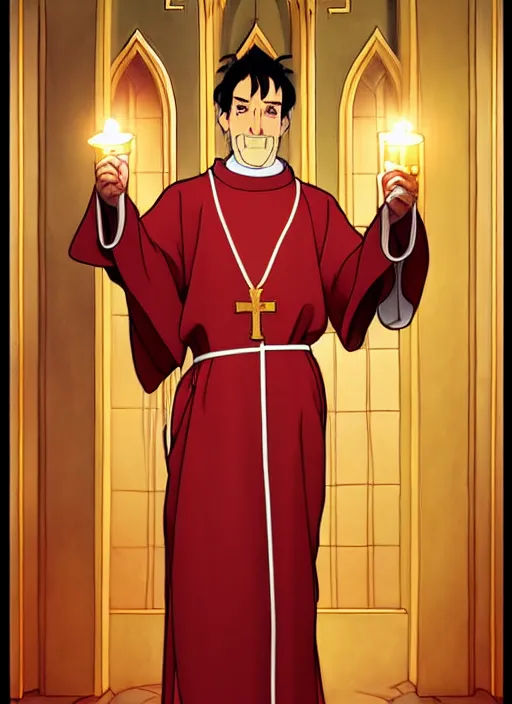 Image similar to pail as a priest wearing robes. holding golden candlestick, in a monestry natural lighting, path traced, highly detailed, high quality, digital painting, by don bluth and ross tran and studio ghibli and alphonse mucha, artgerm