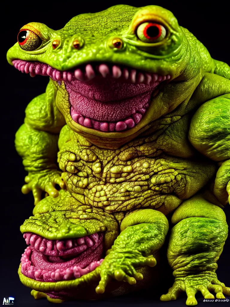 Prompt: hyperrealistic rendering, fat smooth cronenberg flesh monster toad kaiju by by art of skinner and richard corben, eyeballs, product photography, action figure, sofubi, studio lighting, colored gels, colored background