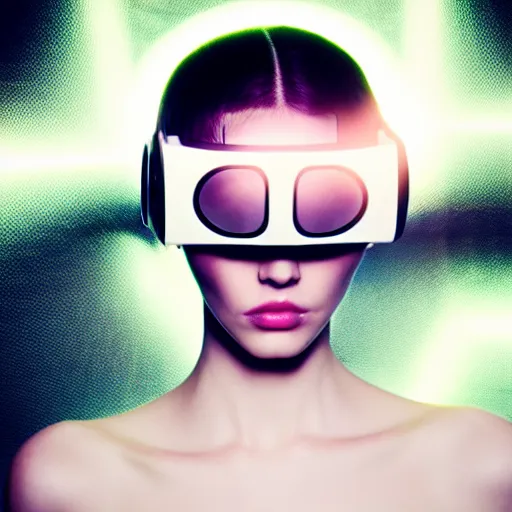 Image similar to high fashion photography of a model in neo futurism white sci - fi makup, wearing vr goggles, transparent cloth, beautifully lit