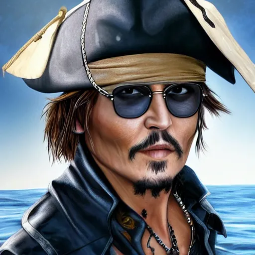 Image similar to Johnny Depp in a pirate costume sailing on a pontoon, cinematic,hyperrealistic, high detalied, high quality, digital art, artstation, 8k,