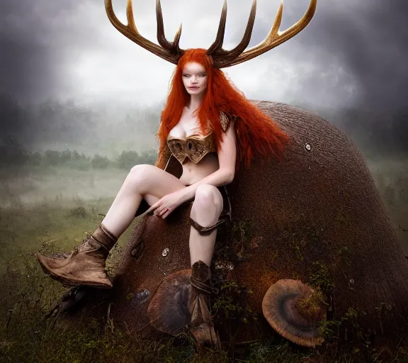 Image similar to a portrait photo of an armored female warrior redhead with antlers sitting on the edge of a giant mushroom that covers a whole town and reaches above the clouds by luis royo. intricate. lifelike. soft light. sony a 7 r iv 5 5 mm. cinematic post - processing