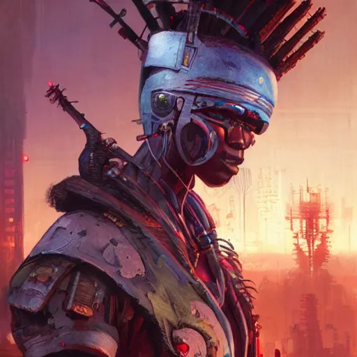 Prompt: a zulu cyberpunk warrior in a synthwave village by greg rutkowski and android jones, oil on canvas