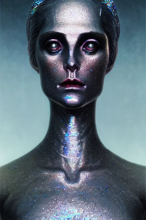 Prompt: pearlescent black lilith! the mother of all demons, covered in iridescent glitter!!, raining ash, fine art masterpiece, highly detailed dino valls wayne barlowe machiej kuciara, cinematic lighting, long shot, side angle, uhd 8 k, sharp focus