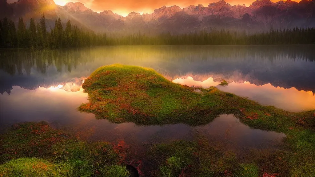 Image similar to amazing landscape photo of a forest with lake in sunset by marc adamus, beautiful dramatic lighting