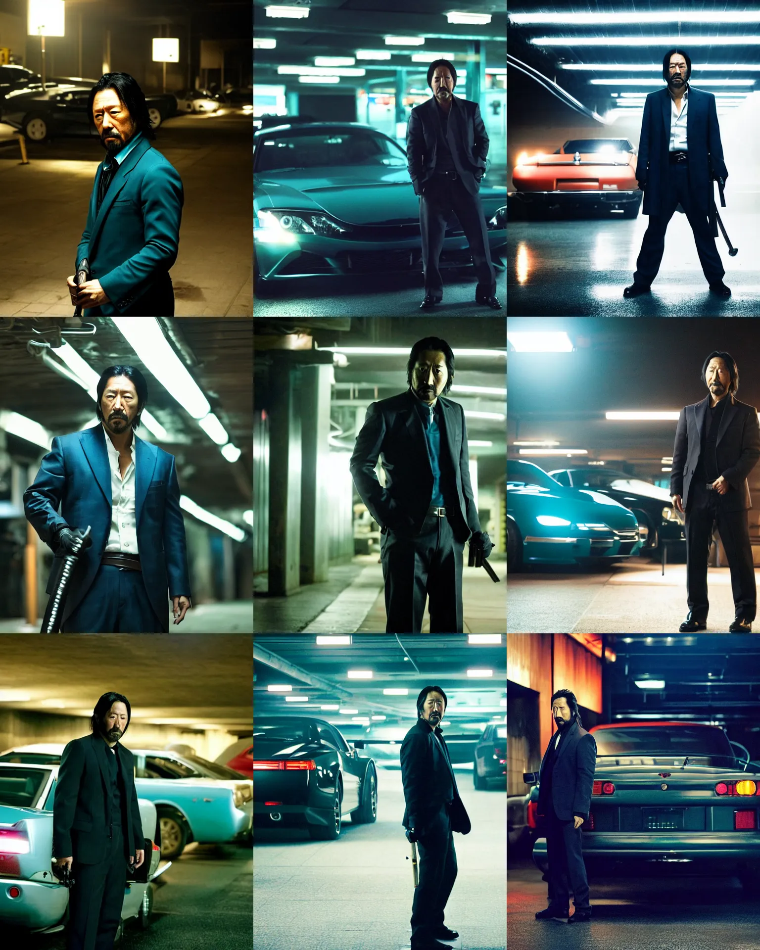 Prompt: denis villeneuve movie still of hiroyuki sanada as yakuza in an underground parking lot, holding a long katana, many exotic cars, rack focus, close establishing shot, monochromatic teal, dark teal lighting, soft dramatic lighting, 4 k digital camera