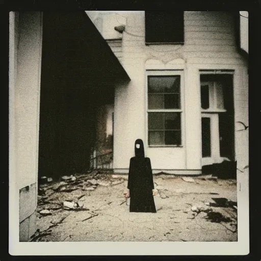 Prompt: polaroid photo of angry reptilian nun staying in front of abandoned mansion, dark, moody, foggy, gloomy