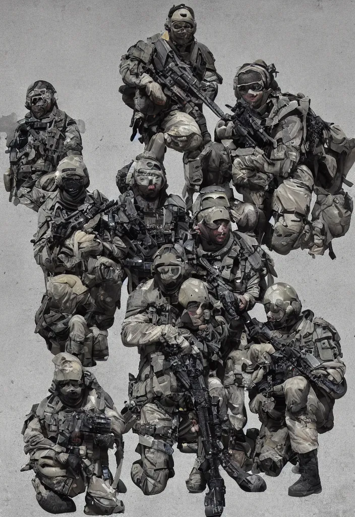 Prompt: Navy SEALs posing after a successful mission, weapons dangling, digital art