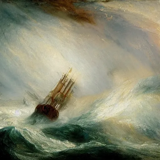 Image similar to A painting of a ship at sea, in a storm, by J.M.W. Turner