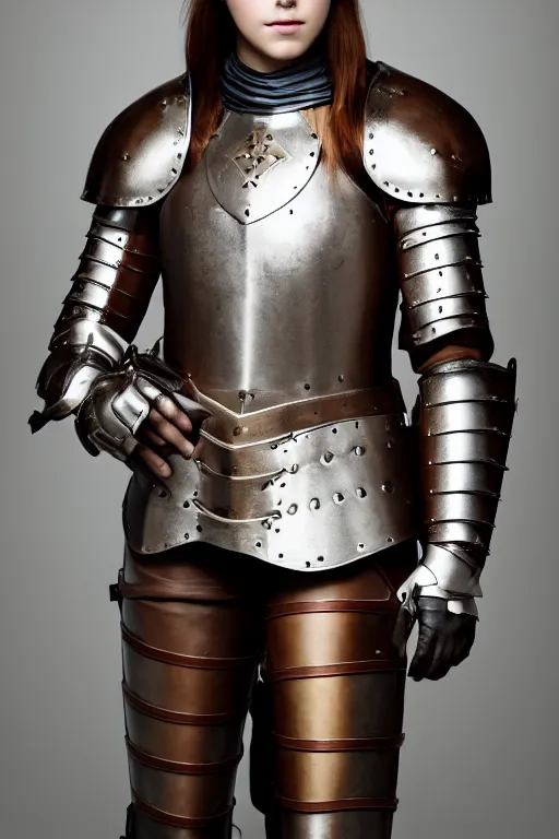 Image similar to female medieval knight, only leather armor, no metal, brown hair, by louis vuitton, luxury materials, symmetrical, cinematic, elegant, professional studio light, real dlsr photography, sharp focus, 4 k, ultra hd, sense of awe, high fashion