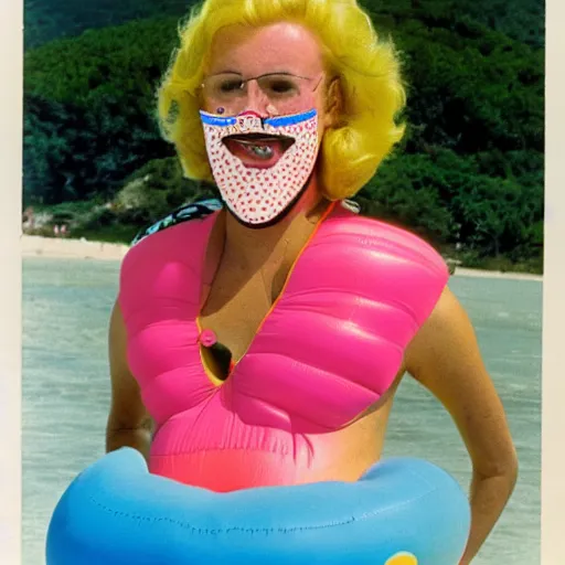 Image similar to 1981 woman on tv show wearing a happy squishy inflatable prosthetic mask, soft color wearing a swimsuit at the beach 1981 color film 16mm holding a an inflatable fish Fellini John Waters Russ Meyer Doris Wishman old photo