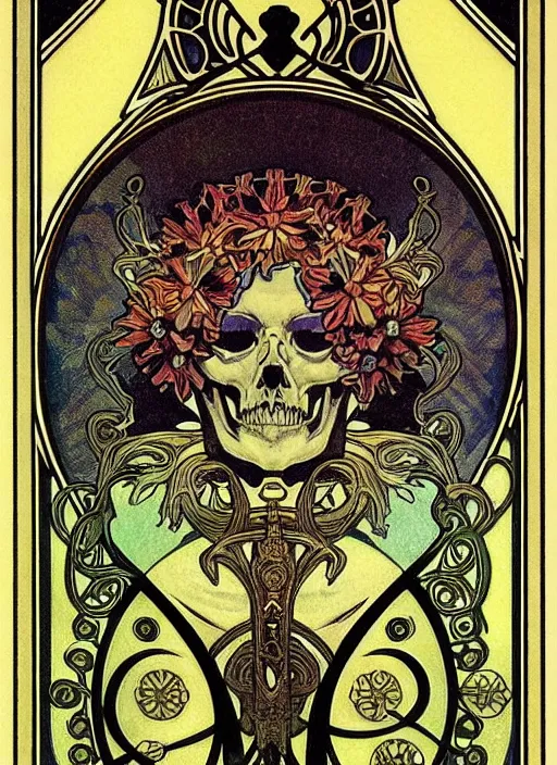 Image similar to symmetry!! a tarot card with a skull, intricate, highly detailed, ornate, aesthetic, alphonse mucha