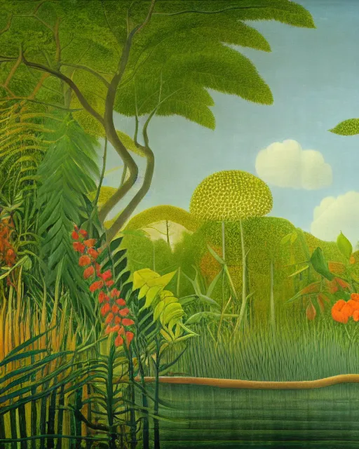 Image similar to reclaimed by nature by henri rousseau, wallpaper, highly detailed, trending on artstation.