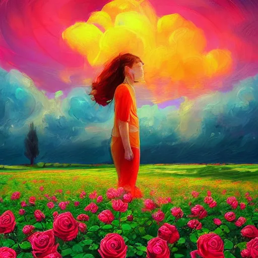 Prompt: large rose as a head, girl walking in a flower field, surreal photography, sunrise dramatic light, impressionist painting, colorful clouds, digital painting, artstation, simon stalenhag