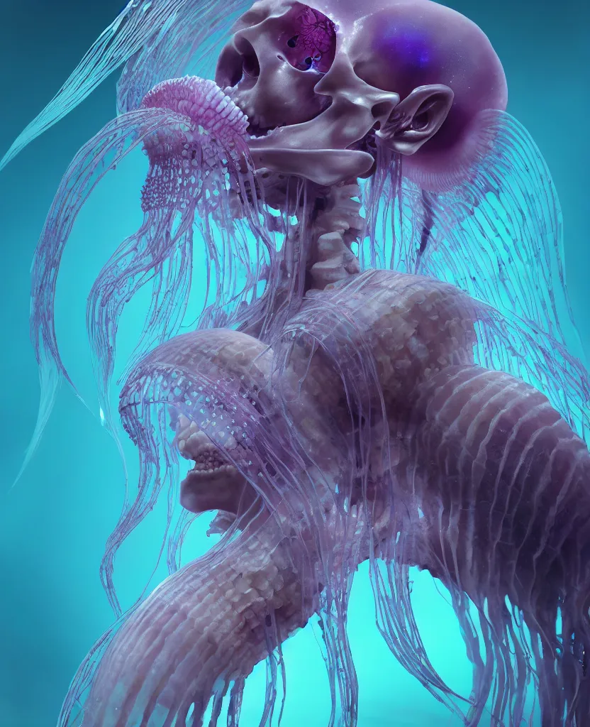 Image similar to goddess close - up portrait human skeleton, ram skull, jellyfish, orchid, betta fish, bioluminiscent, intricate artwork by tooth wu and wlop and beeple. octane render, trending on artstation, greg rutkowski very coherent symmetrical artwork. cinematic, hyper realism, high detail, octane render, 8 k