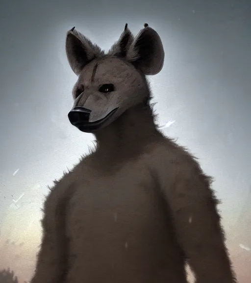 Image similar to foggy dirt road portrait of moderately stocky furry anthro anthropomorphic spotted hyena head animal person fursona wearing clothes horror gloomy digital art bokeh depth of field photo by Greg Rutkowski, Simon Stalenhag, christopher nolan trending on Artstation, CGSociety