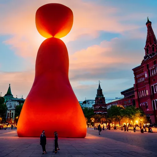 Prompt: symmetrical photo of giant mango sculpture on red square, super wide shot, bokeh, golden hour