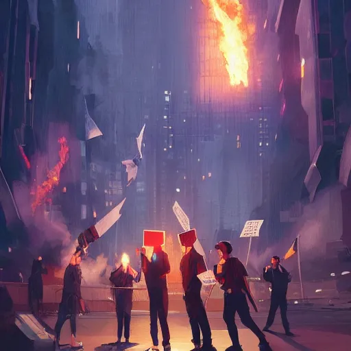 Image similar to protesters holding placards, detailed digital illustration by greg rutkowski, fire, android netrunner