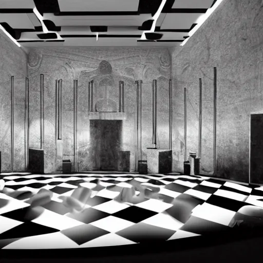 Prompt: an opera scenography with tul gobelins with black and white impressions of falling angels, a checkerboard floor of marble black and white.