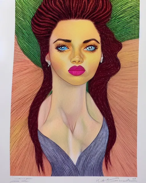 Image similar to a young woman with an extravagant hair style, colored pencil highly realistic rendering graphic collage in the style of Erica Rose Levine