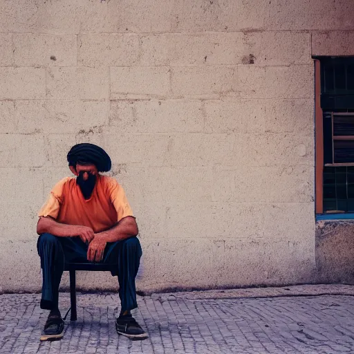 Image similar to a man sitting on a bench in front of a building, a character portrait by kamal ud - din behzad, featured on unsplash, neo - primitivism, matte photo, photo taken with ektachrome, studio portrait