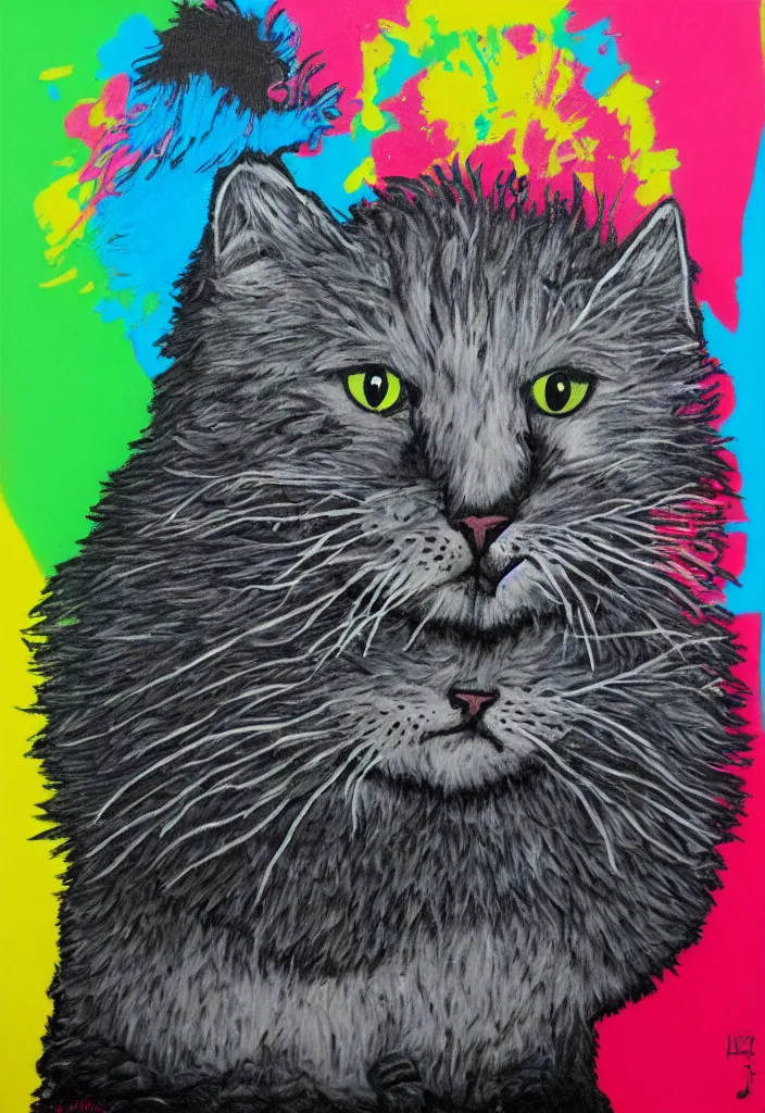 Prompt: fluffy cat with an afro comb t - shirt design, by jules julien, alex yanes, dark grisaille monochrome neon spraypaint, ironic surrealism, hypebeast