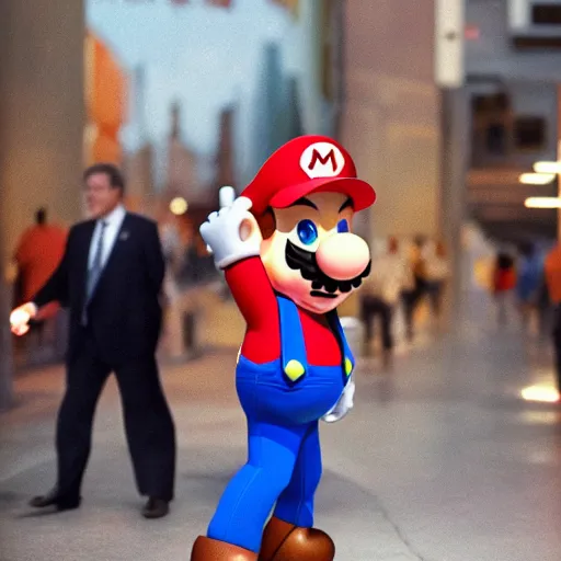 Image similar to uhd candid photo of hyperdetailed donald trump dressed as mario. correct face, cinematic lighting, photo by annie leibowitz, and steve mccurry.