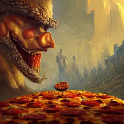 Prompt: ultra realistic illustration of giant made of pizza, pizza body, intricate, fantasy italy, epic landscape, highly detailed, digital painting, artstation, concept art, smooth, sharp focus, illustration, art by tim mcburnie and conar cross and anato finnstark