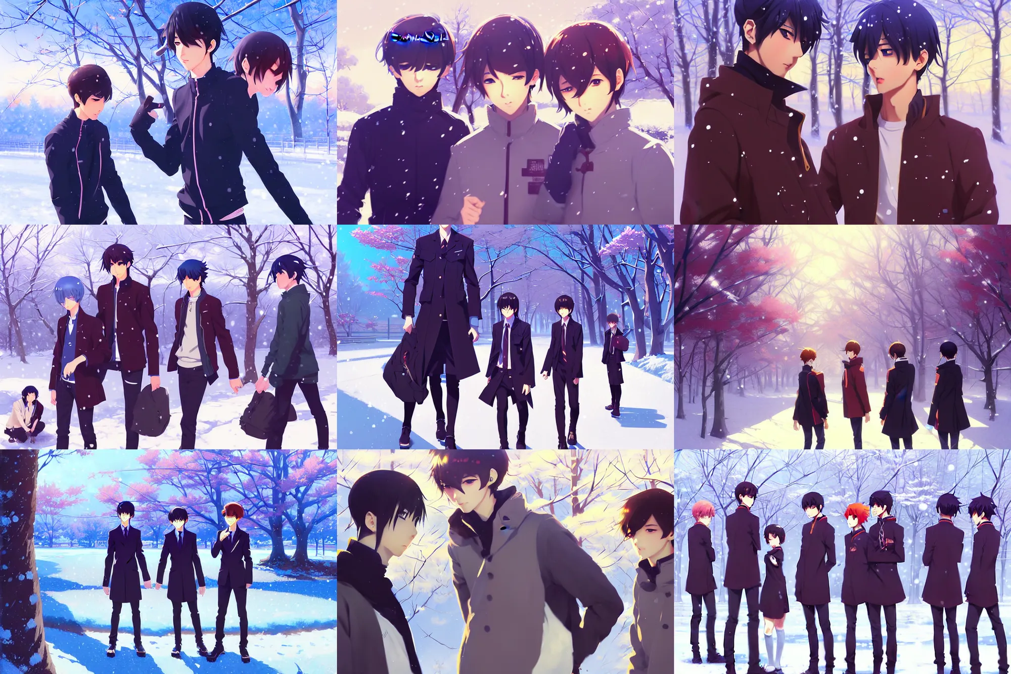 Prompt: boy's love anime high school winter noon, high detail concept art, perfect proportions fine face, tall handsome guys, close together romantic undertones, avant uniform, vivid colors, realistic shaded lighting poster fantasy art ilya kuvshinov, katsuhiro, jeremy lipking and michael germash, makoto shinkai, loish and clamp style, best selling artist