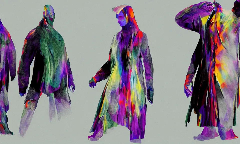 Image similar to modern shaman, modern minimal outfit by isei miyake, roger deakins, syd mead, triadic color scheme, bioluminiscent fabrics, concept art