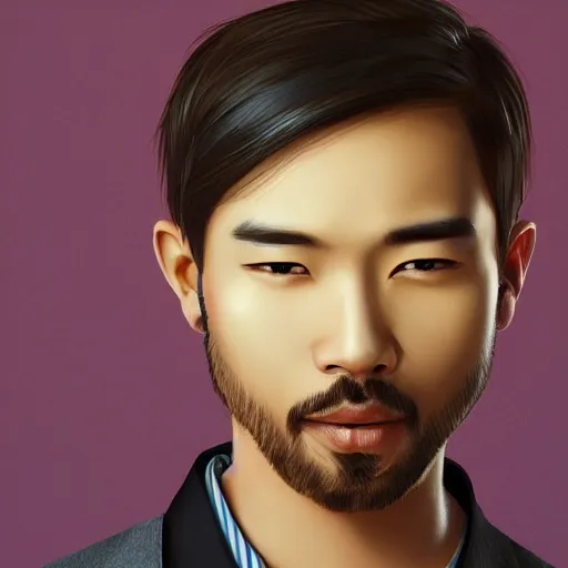 Prompt: of male portrait. creative. asian, inquisitive, beard, sarcastic. contrary. big. high details, photorealistic. artstation trending.