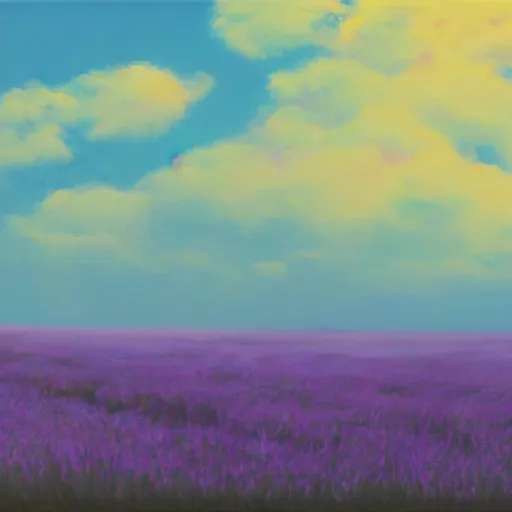 Image similar to realistic panting of a desk on a purple field blue clouds